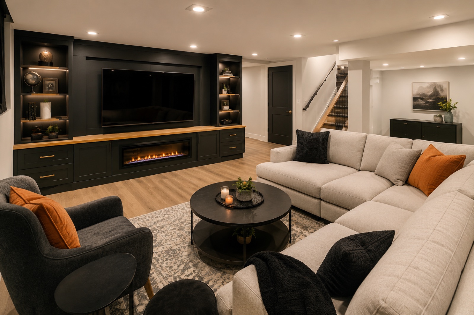Basement renovation in Aurora — Finished basement in Toronto — built-in media wall, fireplace, pot lights and LVP flooring