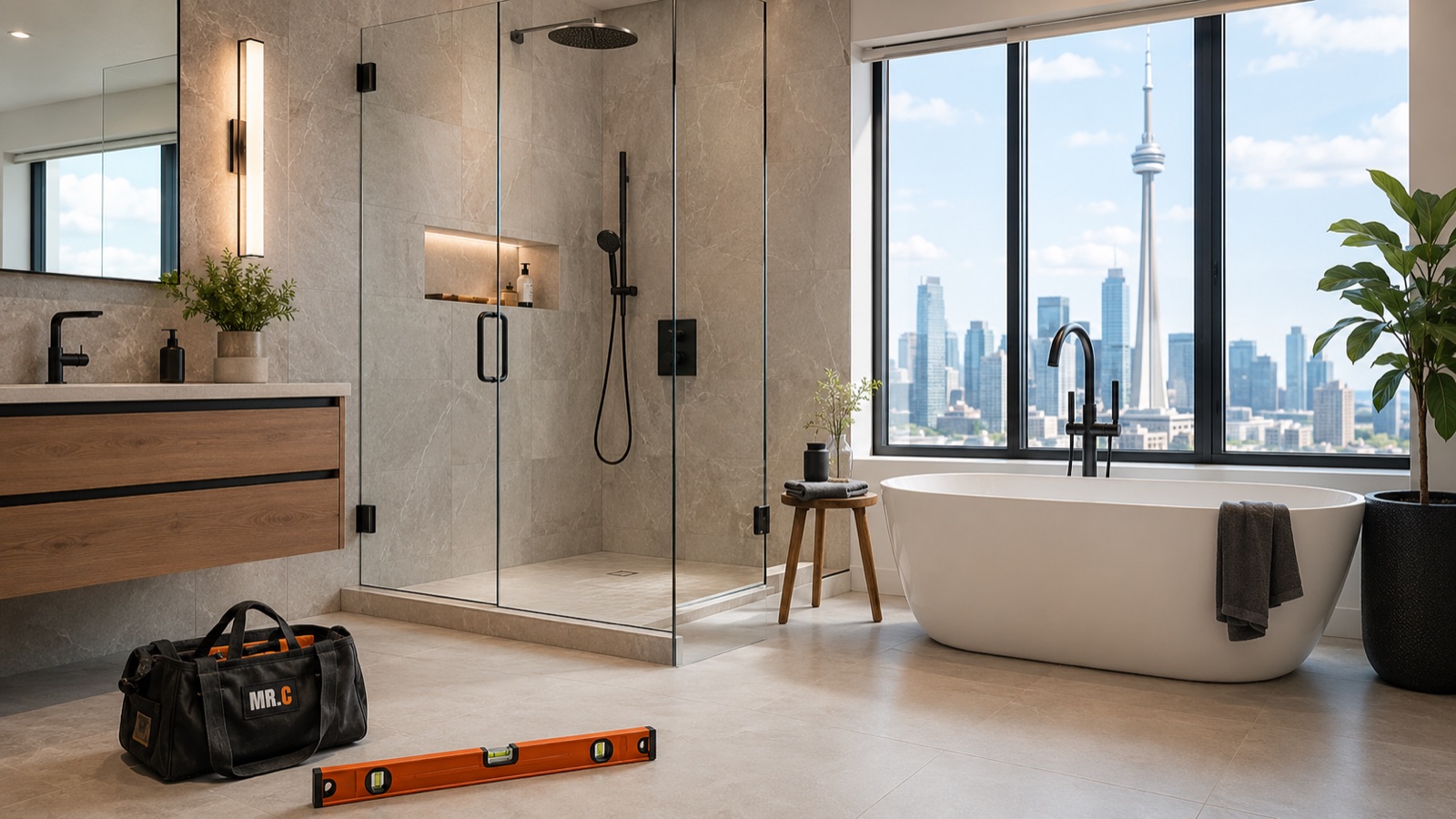 Bathroom renovation in Aurora — Finished modern bathroom renovation in Toronto — freestanding tub, glass shower, CN Tower view