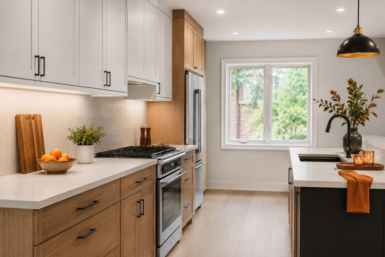 Kitchen renovation in Aurora — Finished kitchen renovation in Toronto — two-tone cabinets, quartz counters, gas range