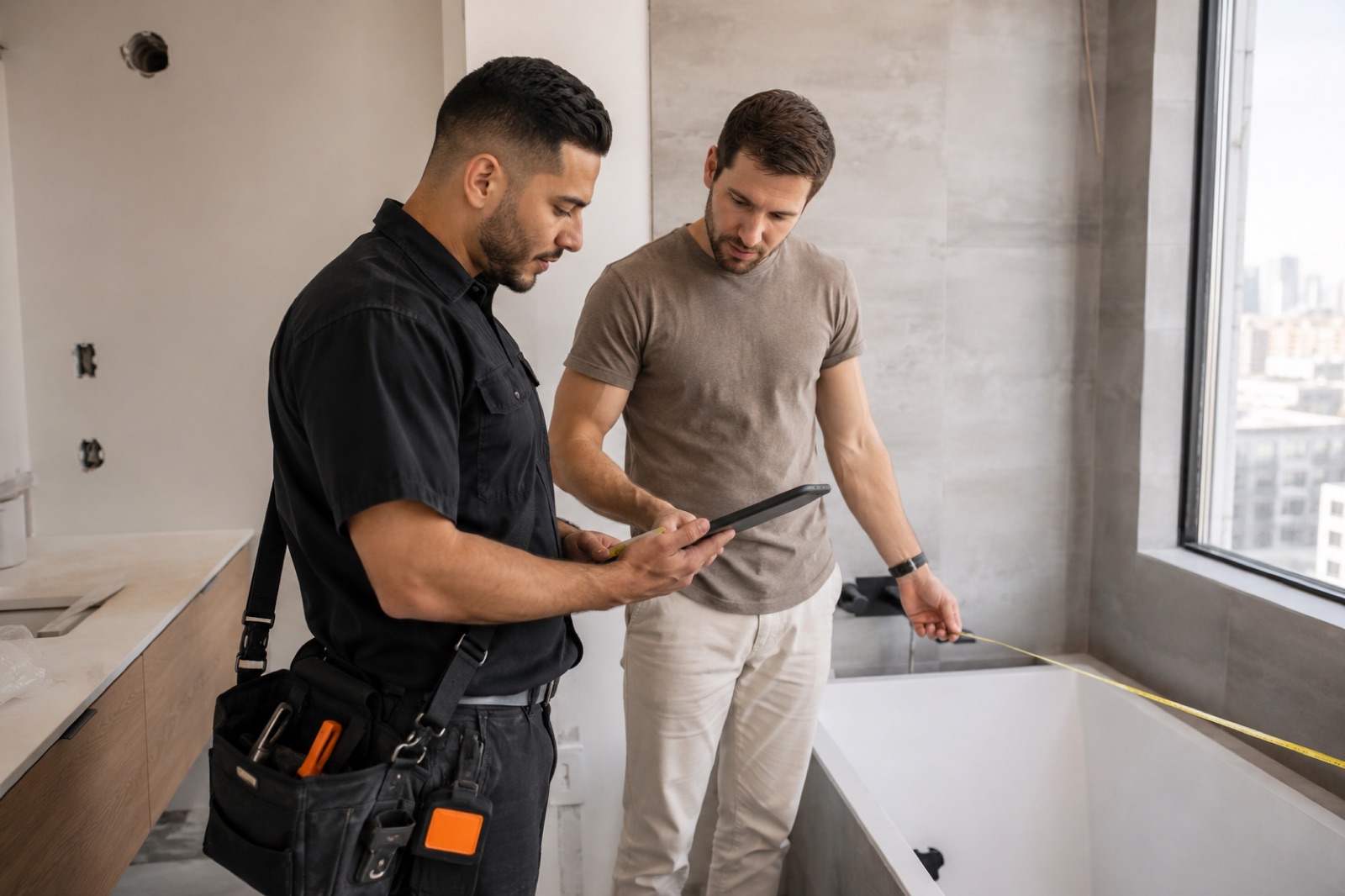 Mr.Contractor site check — verifying measurements with the homeowner before the price locks